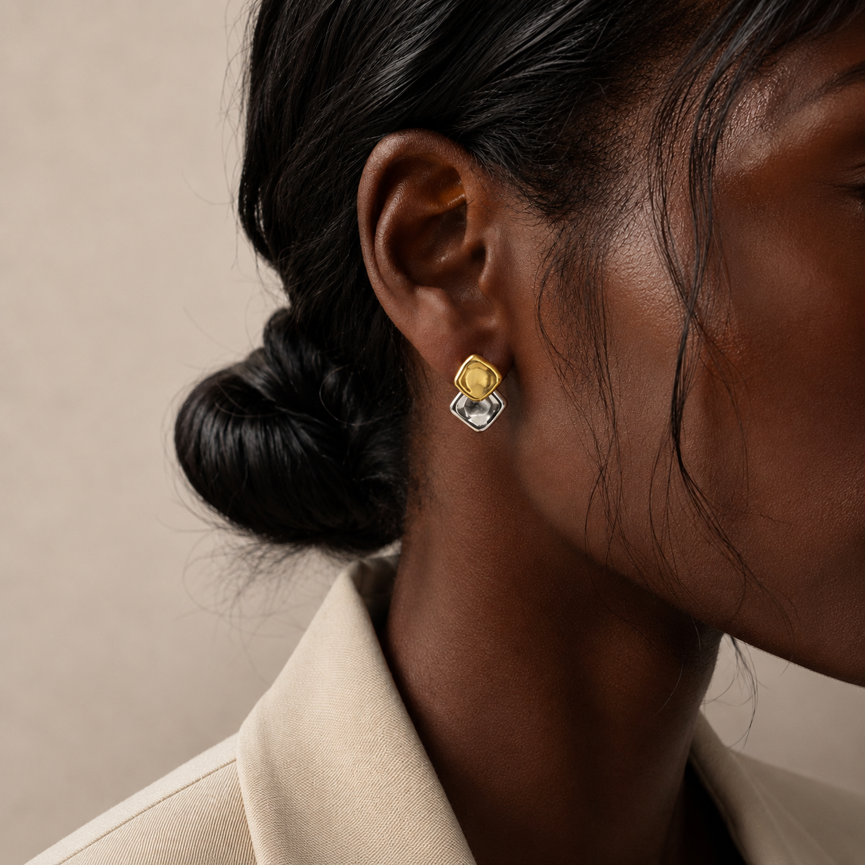 Zina Studs two tone gold and silver square stud earrings with geometric double-stacked design – hypoallergenic non-tarnish stainless steel modern earrings