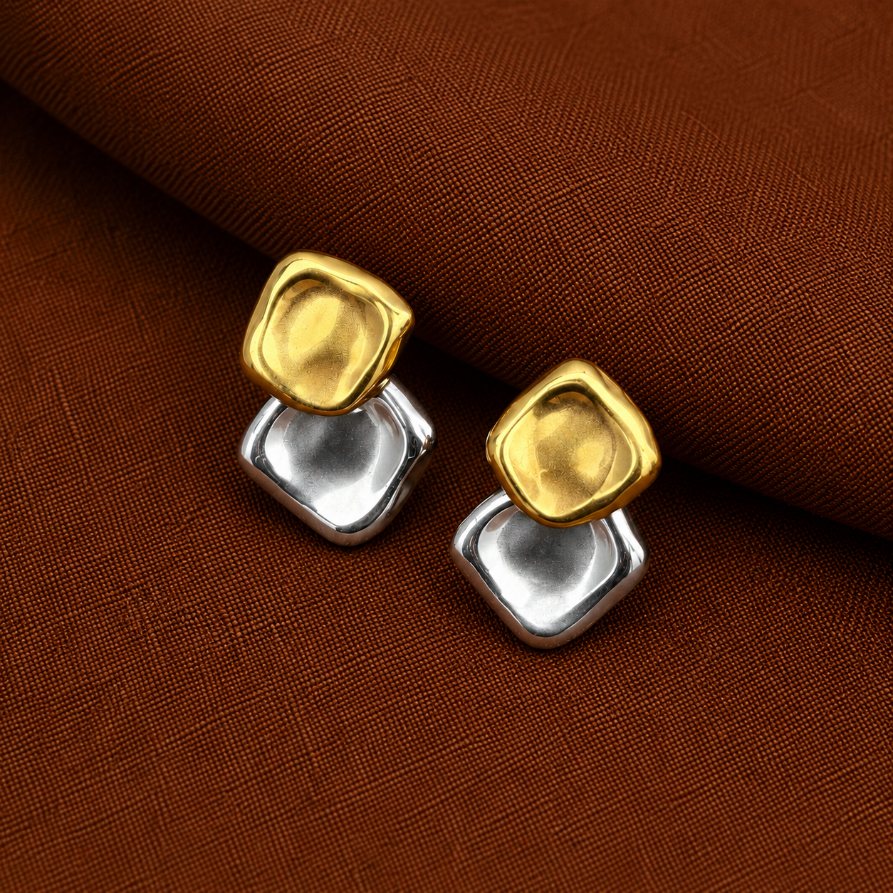Zina Studs two tone gold and silver square stud earrings with geometric double-stacked design – hypoallergenic non-tarnish stainless steel modern earrings