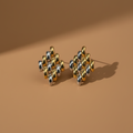 Zuri Studs gold and silver diamond lattice cluster stud earrings on warm beige background – two tone geometric earrings waterproof water resistant stainless steel nickel-free