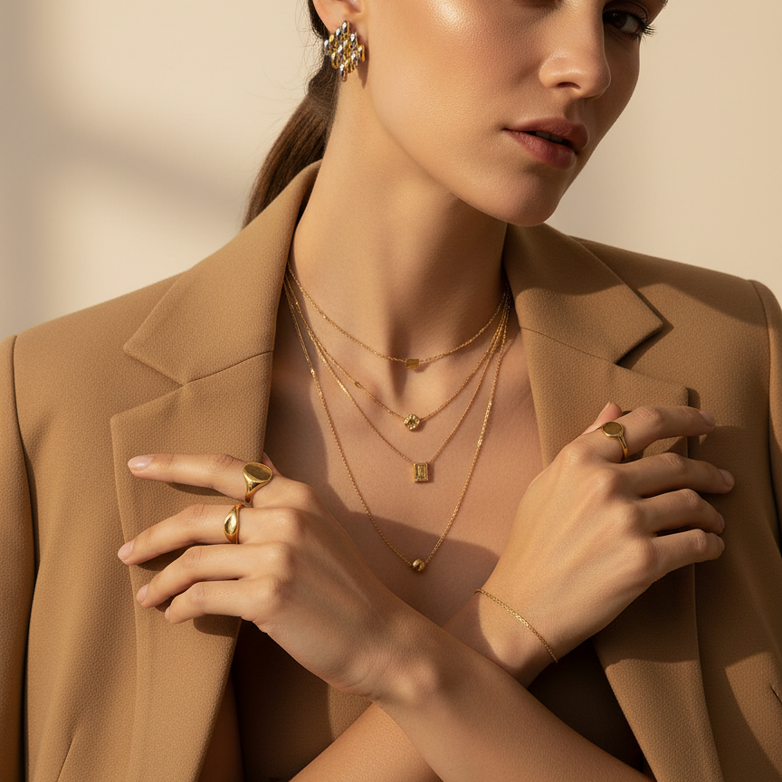 Zuri Studs gold and silver lattice cluster earrings worn by model styled with layered necklaces and rings – two tone geometric stud earrings for sensitive ears nickel-free stainless steel